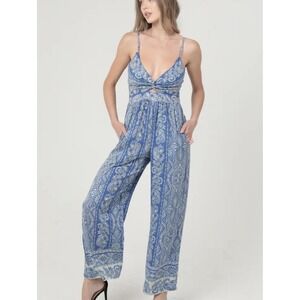 Angie Floral Paisley Boho Hippie Coastal Wide Leg Jumpsuit Blue Women's Size S